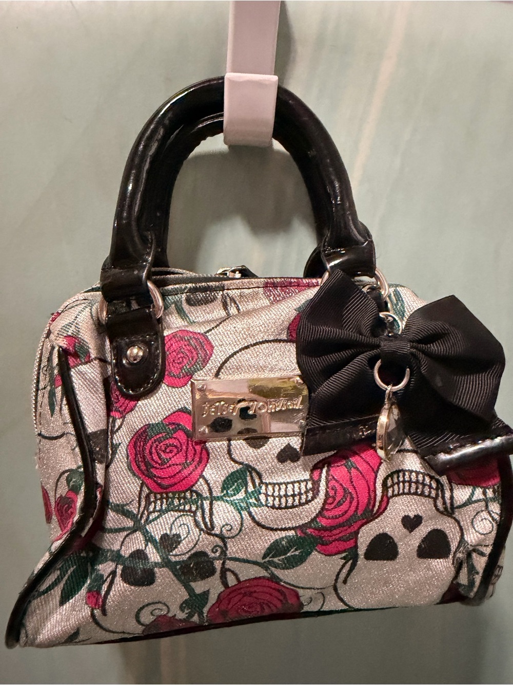 Betsey Johnson Pink Rose & Skull Mini Satchel with Black Patent Handles